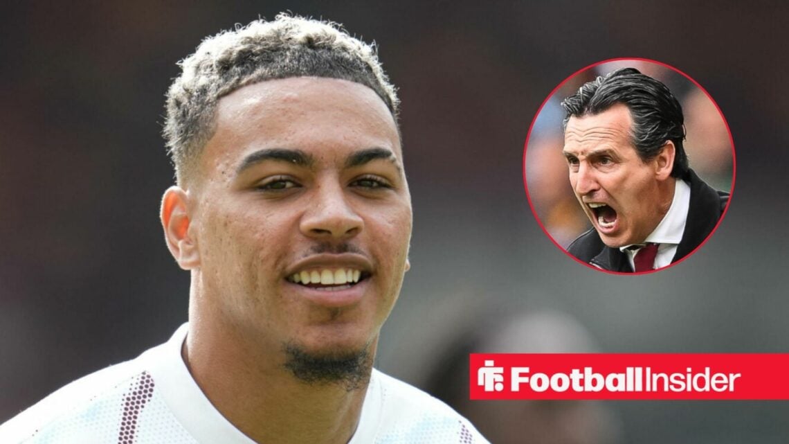Aston Villa's Morgan Rogers in action smiling with manager Unai Emery shouting right inset