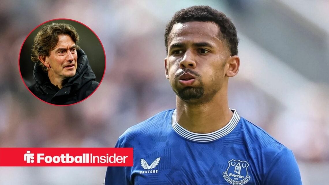 Iliman Ndiaye in an Everton kit, Thomas Frank in a circular inset