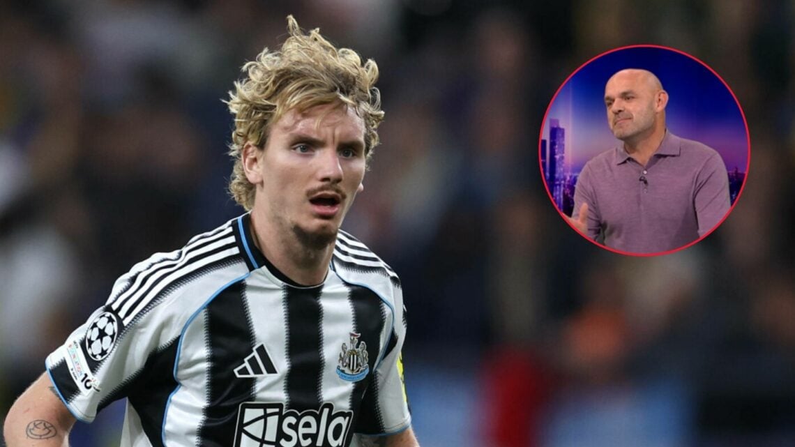 Nick Woltemade in a Newcastle home shirt alongside an image of Danny Murphy in the Match of the Day studio
