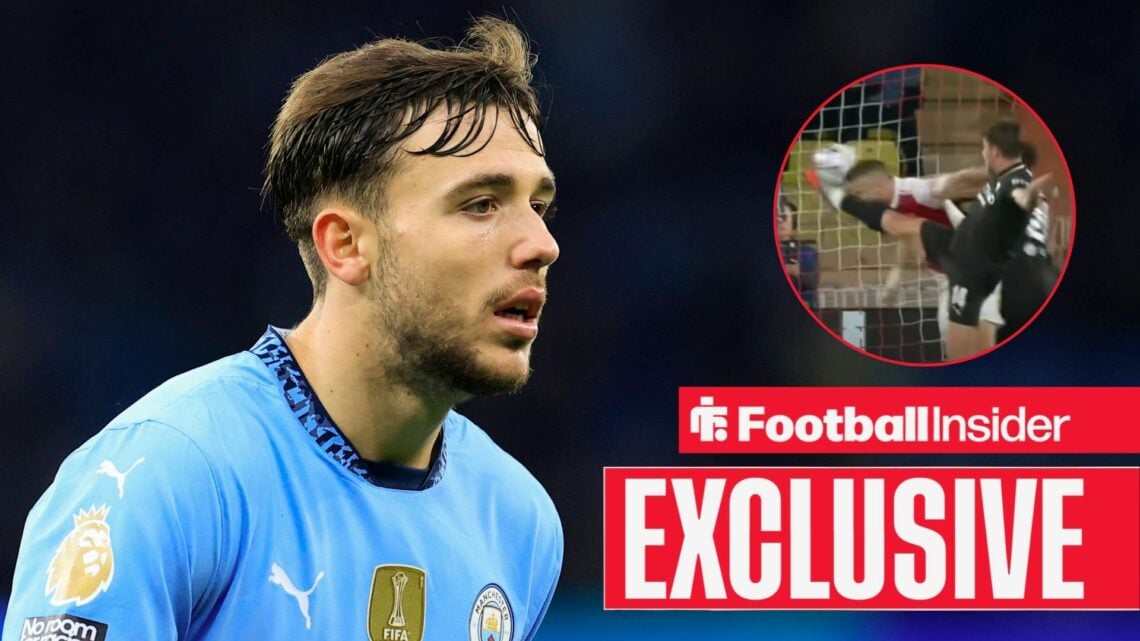 Nico Gonzalez on the left looking focused with an image on the right of the Spaniard connecting his right boot with Eric Dier's face
