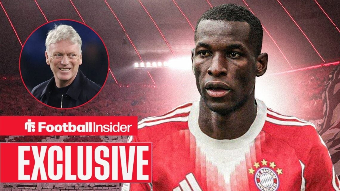 Nicolas Jackson in a Bayern Munich kit, with David Moyes in a circular inset