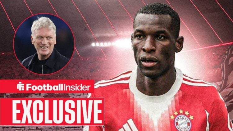 Nicolas Jackson in a Bayern Munich kit, with David Moyes in a circular inset