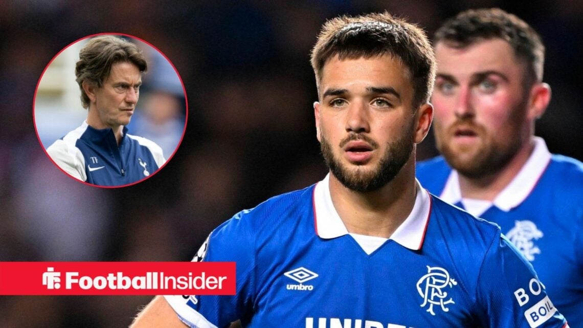Nicolas Raskin in action for Rangers, with Thomas Frank in a circular inset