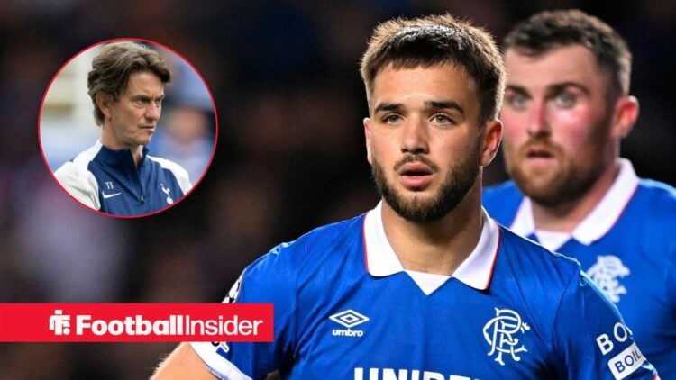 Nicolas Raskin in action for Rangers, with Thomas Frank in a circular inset