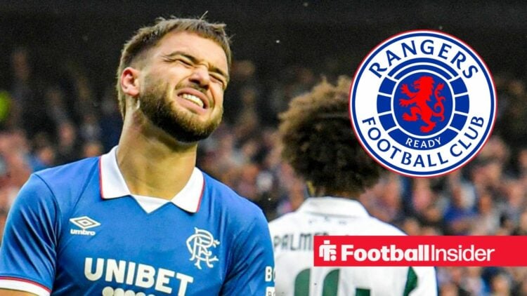 Nicolas Raskin grimacing on the left with the Rangers badge on the right