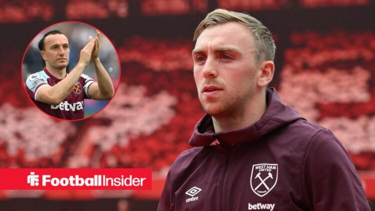 Jarrod Bowen next to a circular inset of Mark Noble