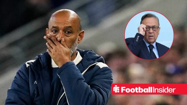 Nuno Espirito Santo on the touchline at West Ham, with David Sullivan in a circular inset