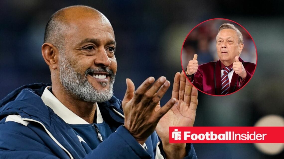 West Ham manager Nuno Espirito Santo clapping with owner David Sullivan thumbs up right inset