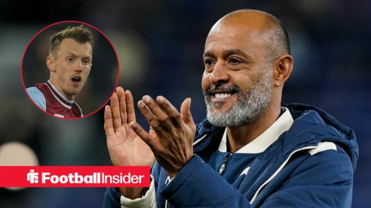 Nuno Espirito Santo applauding the West Ham fans, with James Ward-Prowse in a circular inset
