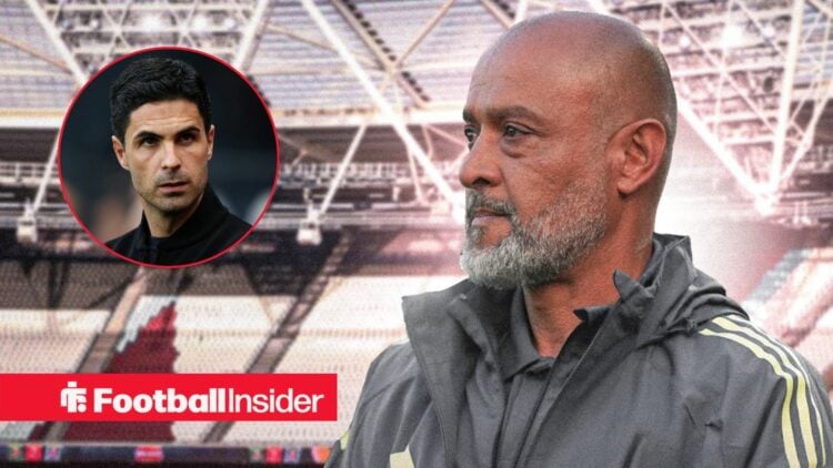 Nuno Espirito Santo at the London Stadium, Mikel Arteta in a circular inset