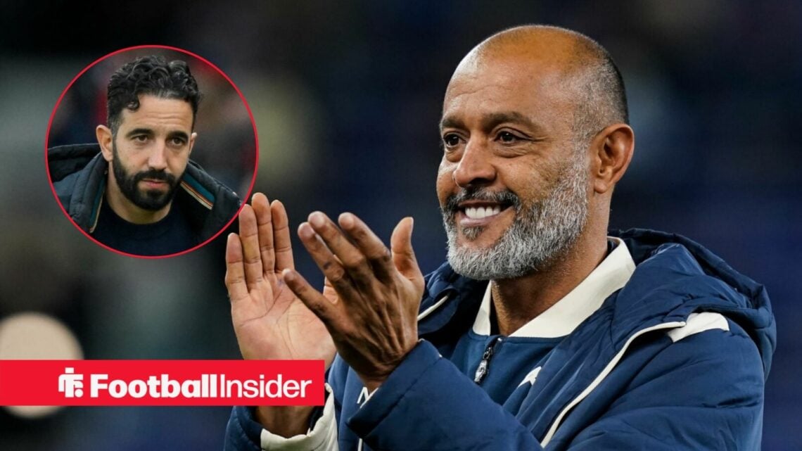 Nuno Espirito Santo applauding at West Ham, with Ruben Amorim in a circular inset