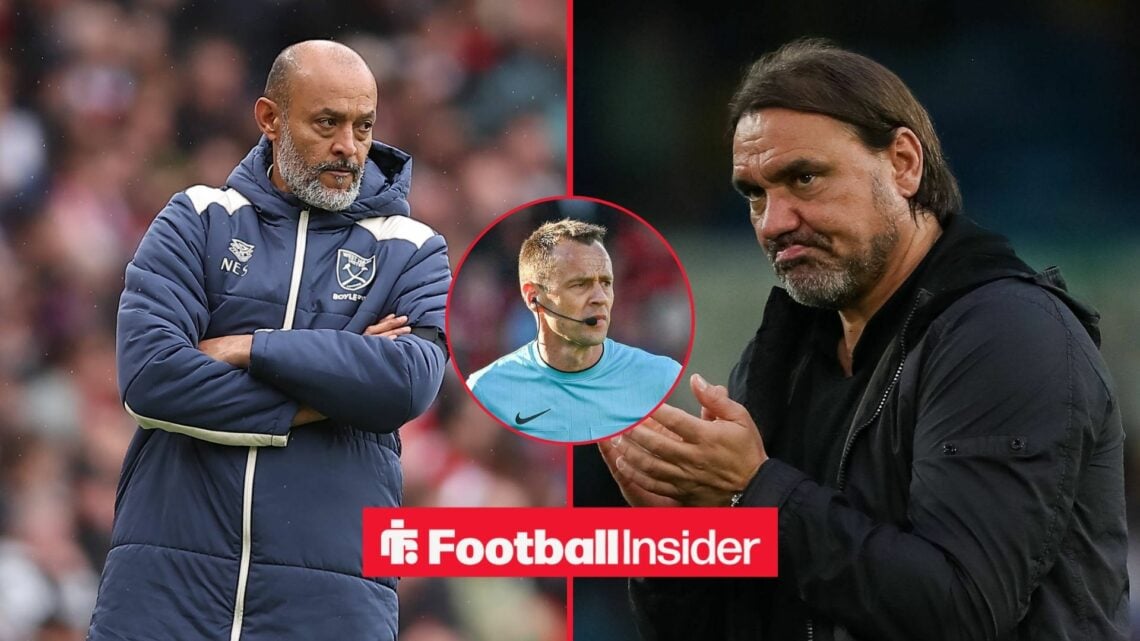 West Ham manager Nuno Espirito Santo, alongside Leeds United boss Daniel Farke with a circular inset in-between with referee Stuart Attwell