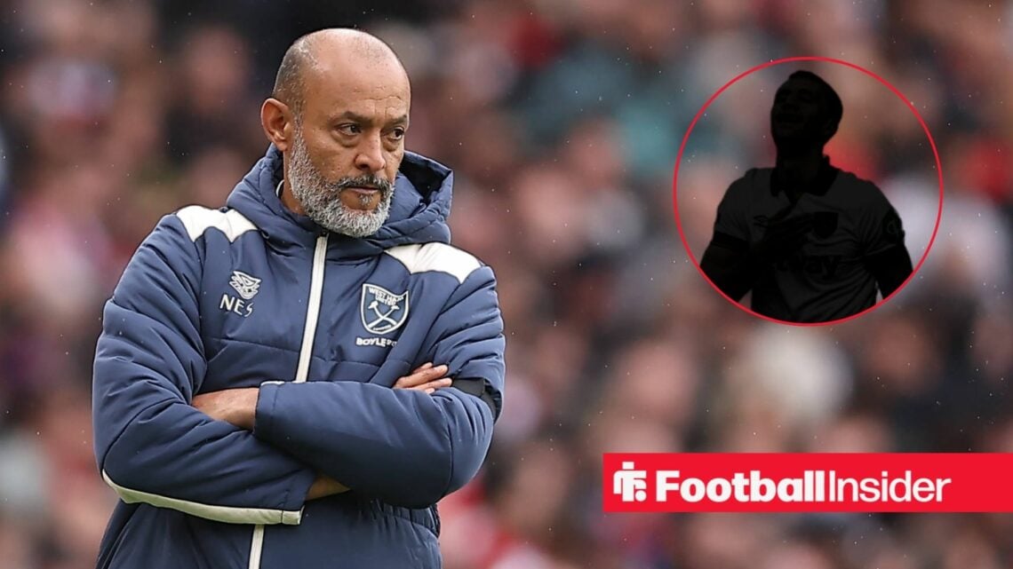 Nuno Espirito Santo on the sidelines, Tomas Soucek's silhouette in a circular inset
