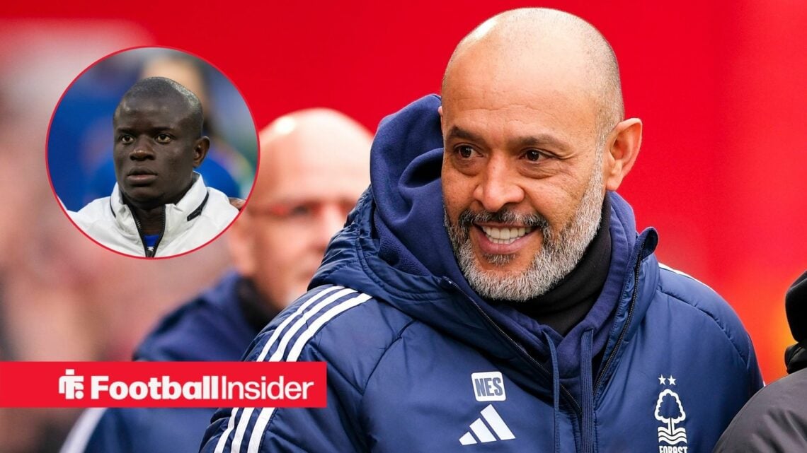 Nuno Espirito Santo smiling with N'Golo Kante inset