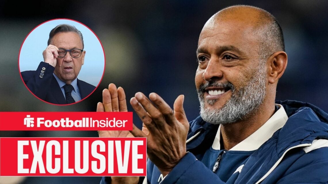 Nuno Espirito Santo applauding the West Ham fans, with David Sullivan in a circular inset
