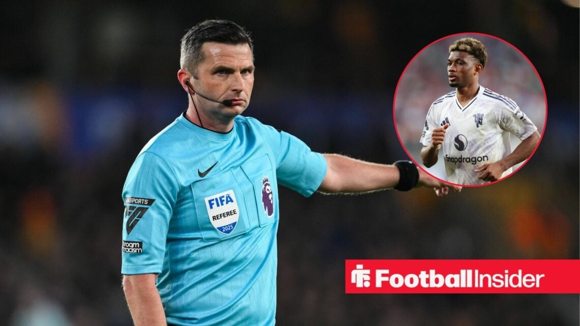 Referee Michael Oliver with Man United's Amad Diallo inset