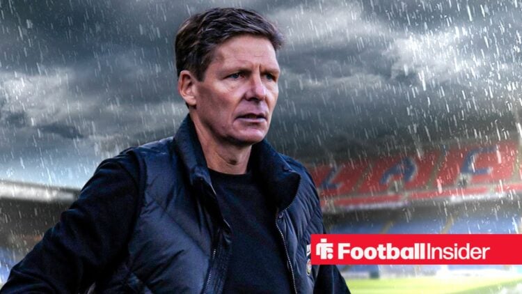 Crystal Palace manager Oliver Glasner against a stormy backdrop of Selhurst Park