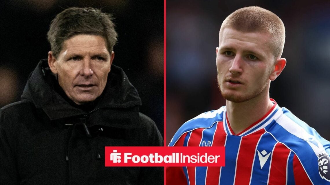Crystal Palace manager Oliver Glasner looking at player Adam Wharton who is in action
