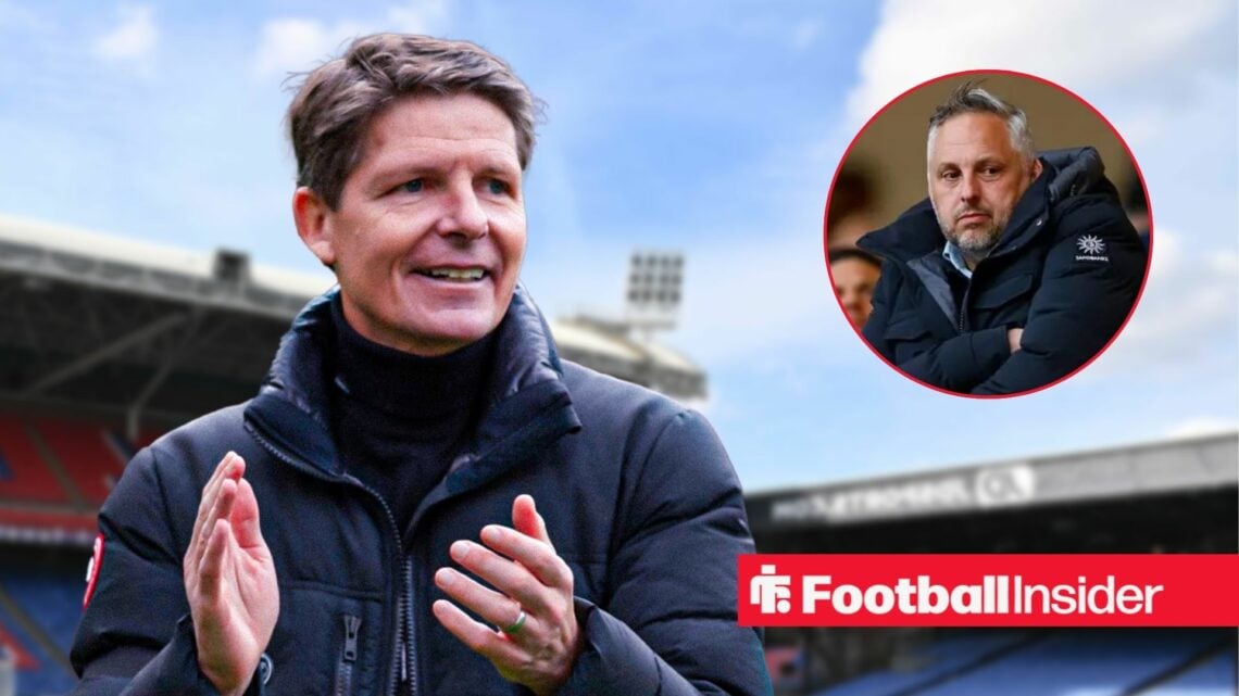 Oliver Glasner applauding at Selhurst Park, with Matt Hobbs in a circular inset