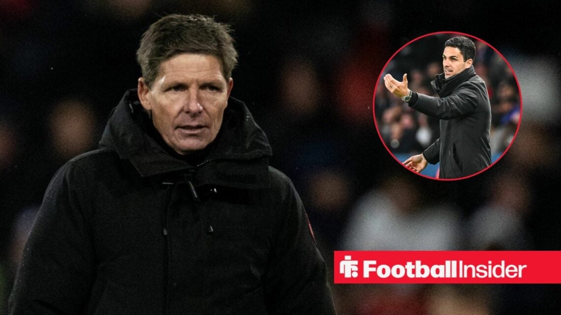 Oliver Glasner at Selhurst Park, Mikel Arteta in a circular inset