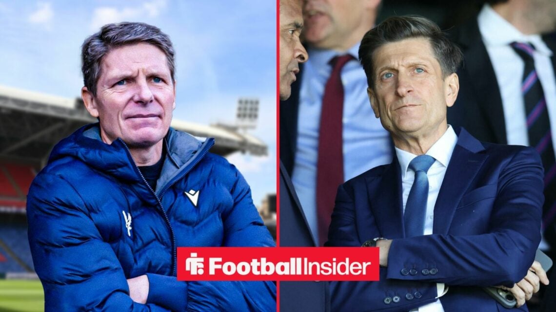 Oliver Glasner with his arms crossed at Selhurst Park, and Steve Parish in the stands