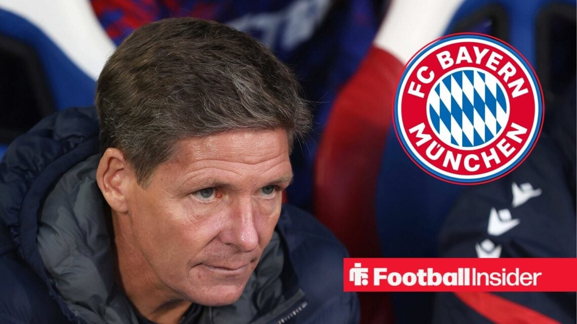 Oliver Glasner looking up and Bayern Munich logo in inset