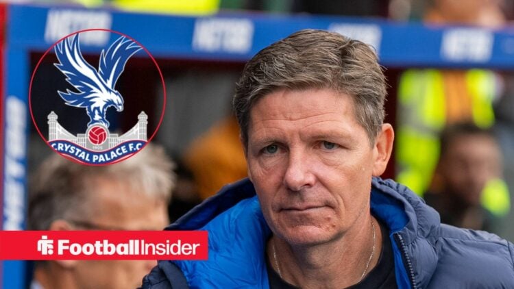 Oliver Glasner on the sideline and Crystal Palace's badge in inset