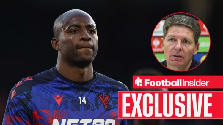 Jean-Philippe Mateta looking focused on the left with Oliver Glasner talking on the right for Crystal Palace