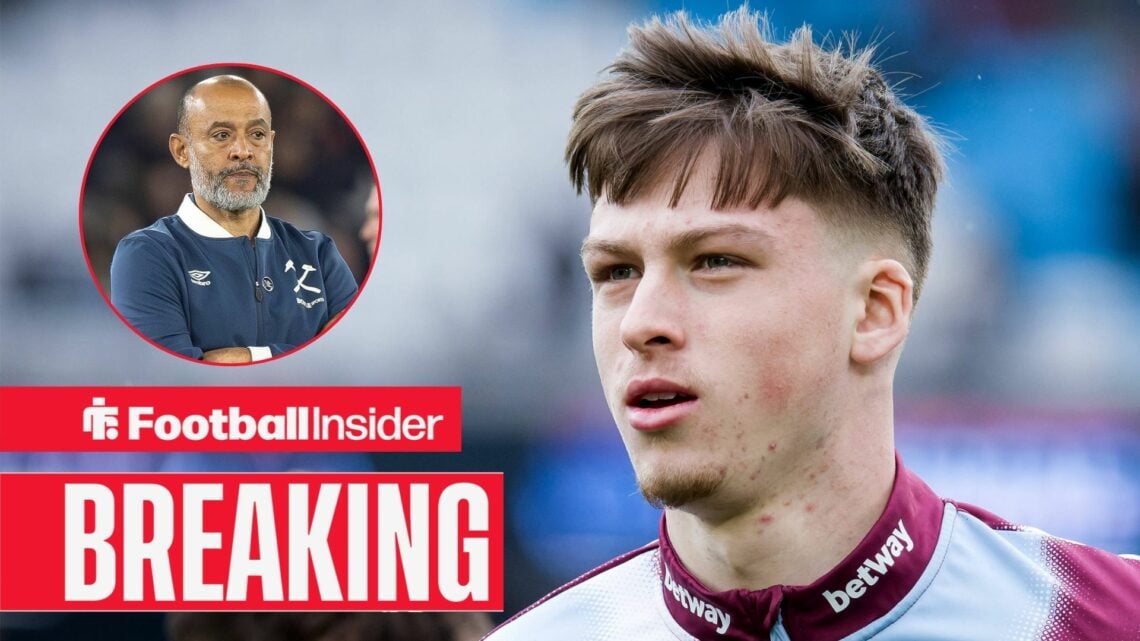 Ollie Scarles playing for West Ham, Nuno Espirito Santo in a circular inset