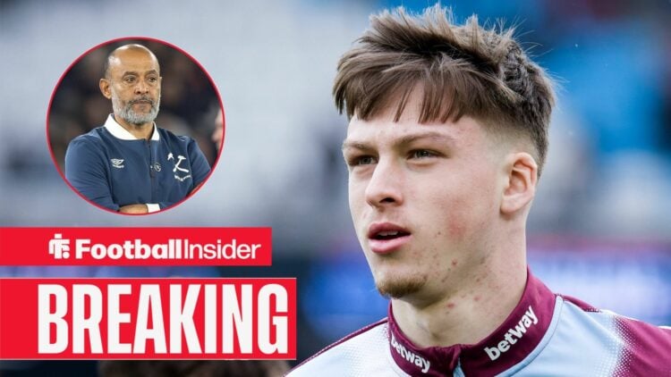 Ollie Scarles playing for West Ham, Nuno Espirito Santo in a circular inset