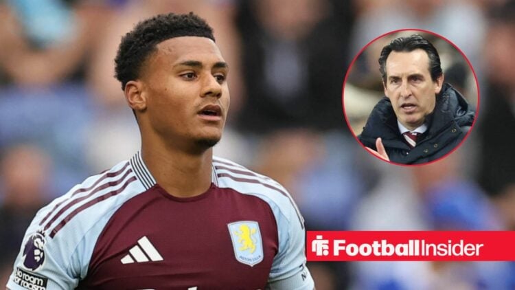 Ollie Watkins in action for Aston Villa, with Unai Emery in a circular inset