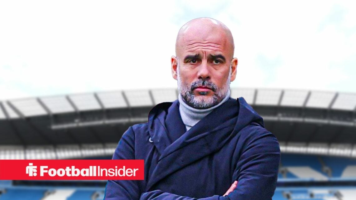 Man City manager Pep Guardiola against a backdrop of Etihad Stadium
