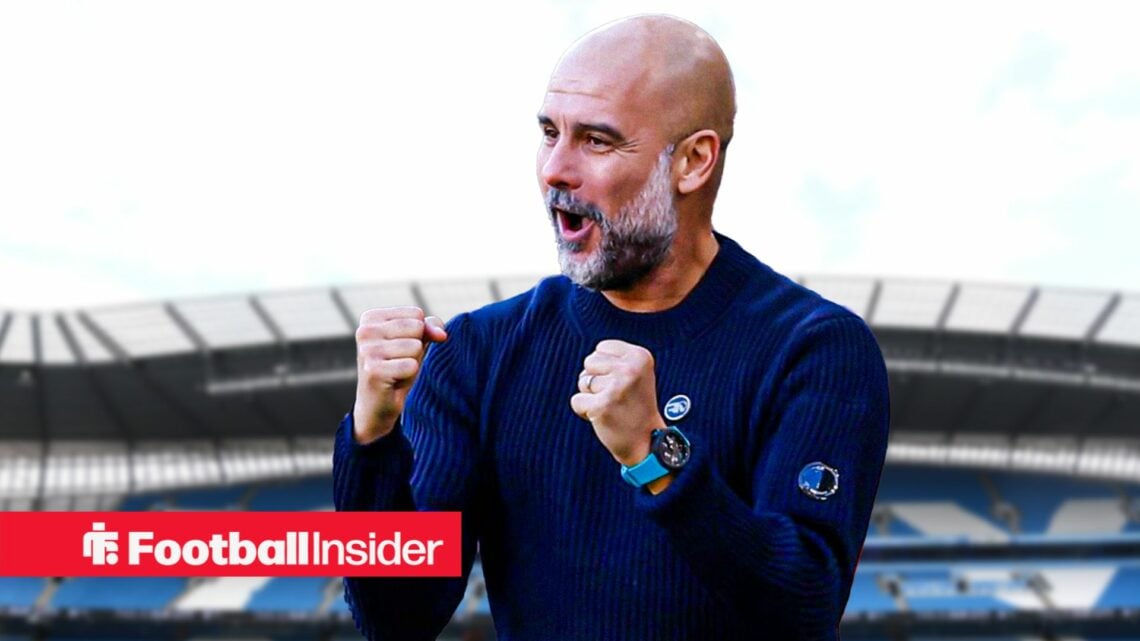 Man City manager Pep Guardiola in a happy mood against a back drop of Etihad Stadium
