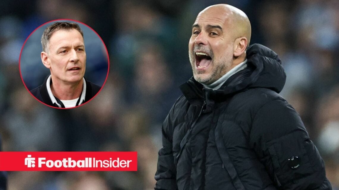 Man City manager Pep Guardiola on the touchline shouting at his players alongside a circular inset of Chris Sutton