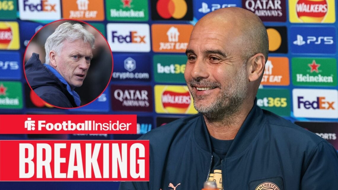 Pep Guardiola smiling, David Moyes in a circular inset