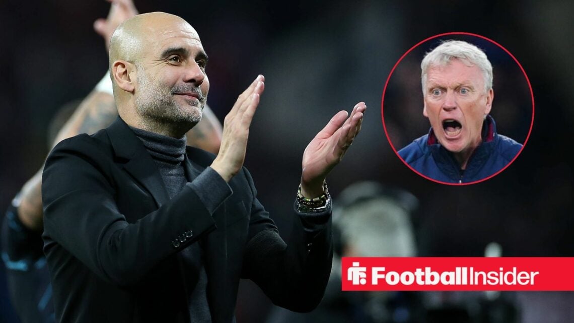 Pep Guardiola clapping, David Moyes raging in a circular inset