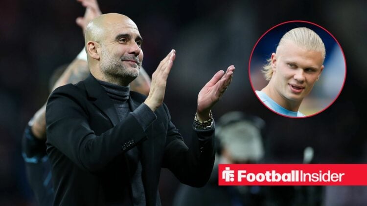 Man City manager Pep Guardiola alongside a circular inset of Erling Haaland
