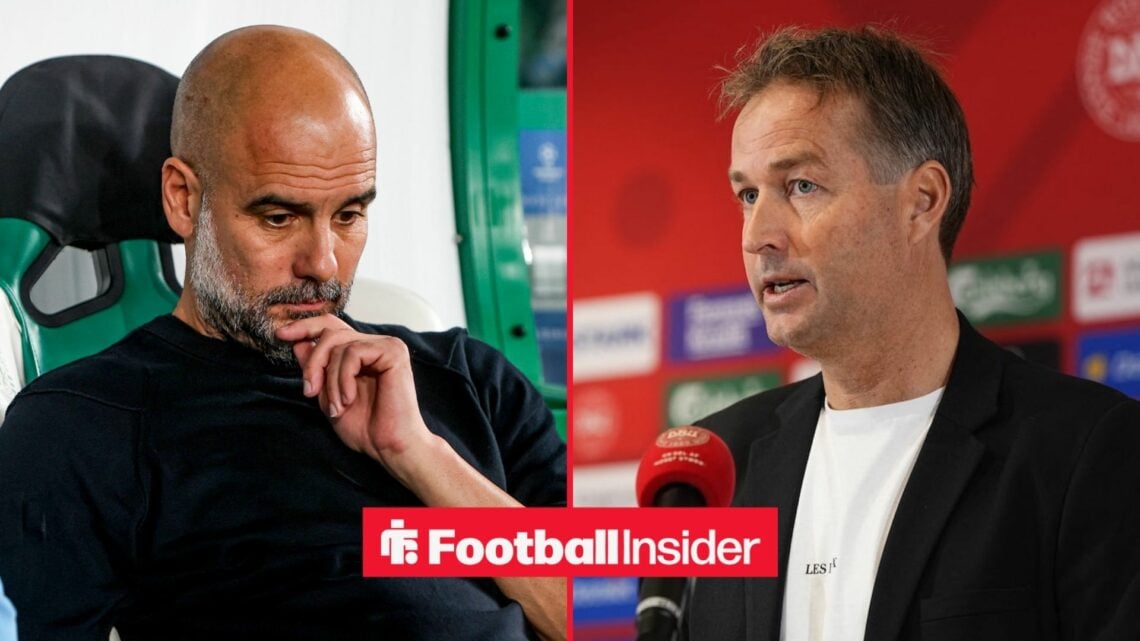 Man City boss Pep Guardiola left with Bayer Leverkusen Kasper Hjulmand boss right