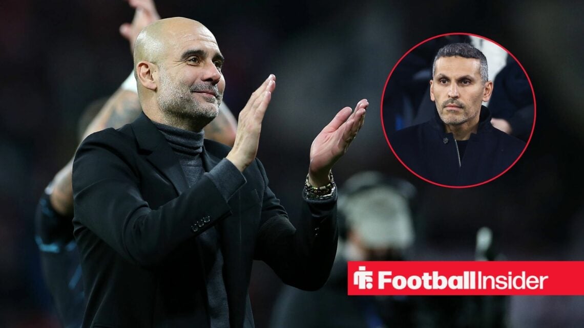 Pep Guardiola clapping with Khaldoon Al Mubarak included in a circular inset