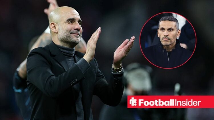Pep Guardiola clapping with Khaldoon Al Mubarak included in a circular inset