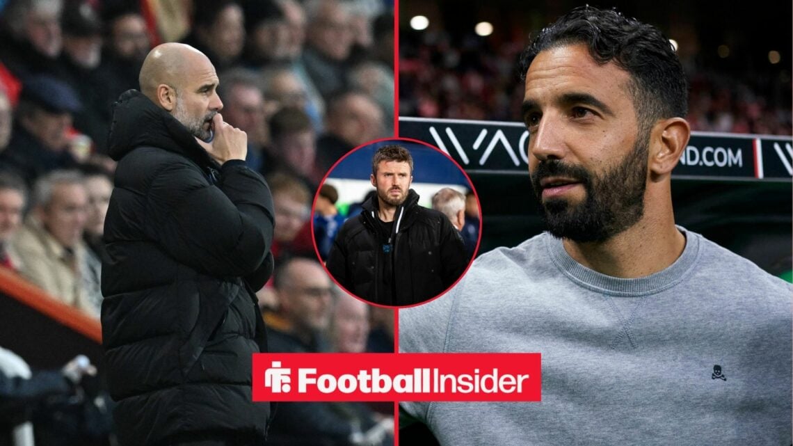 Pep Guardiola thinking next to Ruben Amorim talking with Michael Carrick in inset