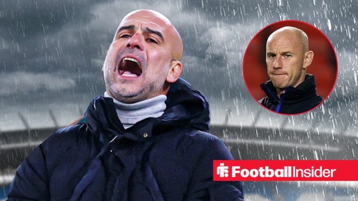 Man City boss Pep Guardiola looking concerned alongside a headshot of Nicky Butt