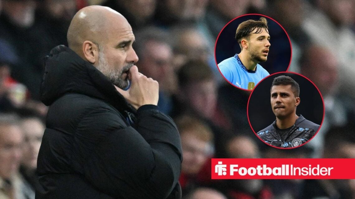 Pep Guardiola thinking on the sidelines, Nico Gonzalez and Rodri in circular insets