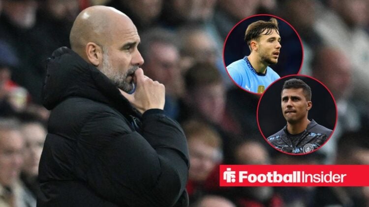 Pep Guardiola thinking on the sidelines, Nico Gonzalez and Rodri in circular insets