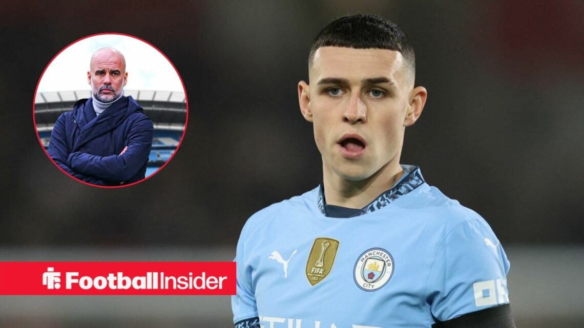 Man City boss Pep Guardiola in a circular frame alongside Phil Foden in a light blue home shirt