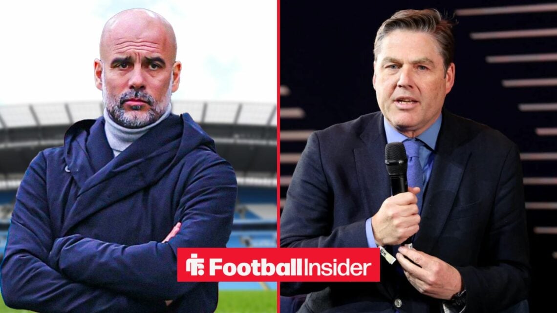 Pep Guardiola with his arms folded alongside Richard Masters with a microphone