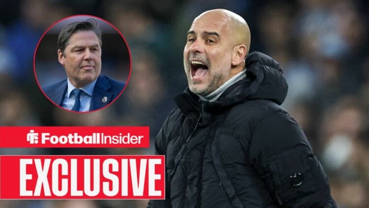 Pep Guardiola looking frustrated with Richard Masters included in a circular inset