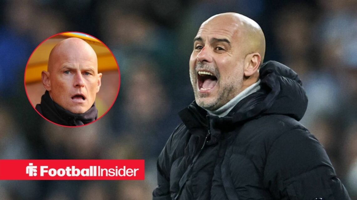 Man City manager Pep Guardiola screaming with Norway manager Stale Solbakken left inset