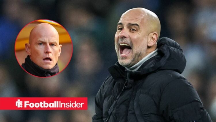 Man City manager Pep Guardiola screaming with Norway manager Stale Solbakken left inset