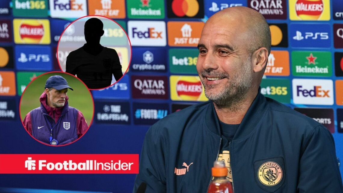 Pep Guardiola smiling in a press conference, Thomas Tuchel and Phil Foden's silhouette in circular insets